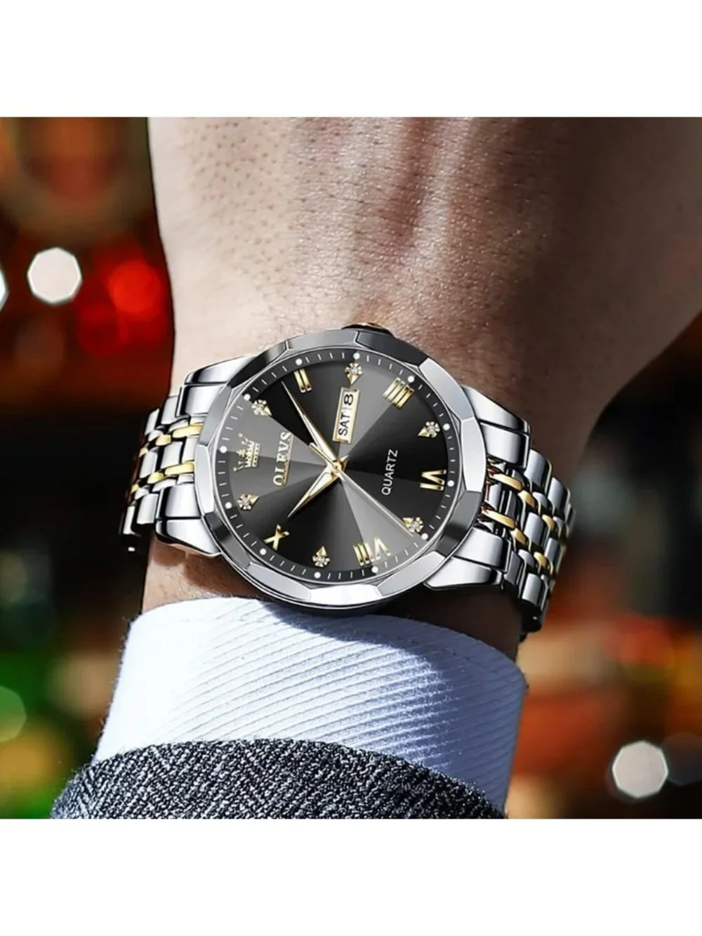 Men's Black Gold Diamond Analog Quartz Waterproof Silver Luminous Classic Watch
